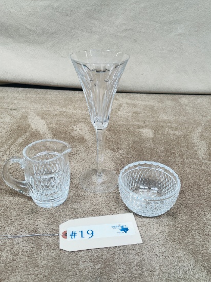 3PC WATERFORD CRYSTAL FLUTE, CREAMER AND SUGAR