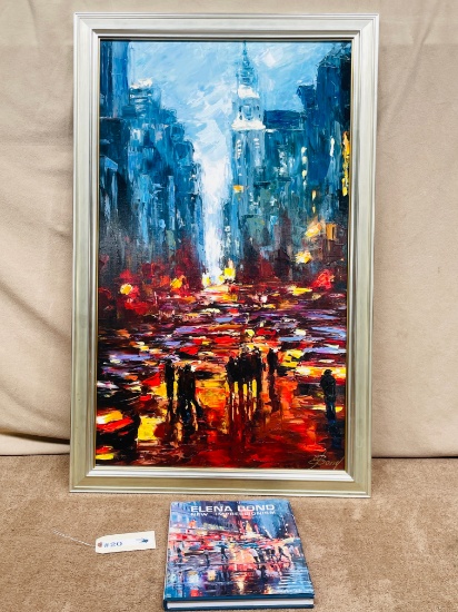 SIGNED ELENA BOND "BIG TOWN" OIL ON CANVAS WITH BOOK