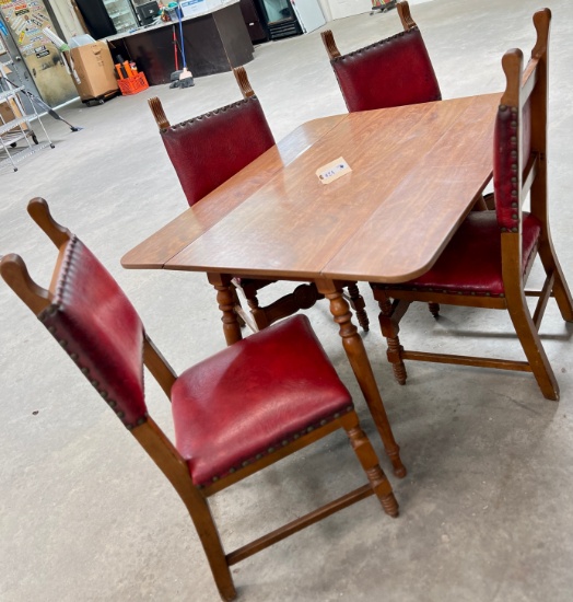 VINTAGE DROP LEAF TABLE WITH 4 LEATHER CHAIRS