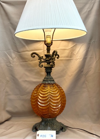 VINTAGE AMBER GLASS AND BRONZE LAMP