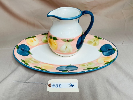 HAND PAINTED A. SANTOS PORTUGAL PLATTER AND MATCHING PITCHER