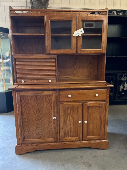 ANTIQUE OAK KITCHEN CABINET WITH PORCELAIN KNOBS