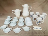LOT OF COFFEE PITCHER, COFFEE MUGS, BUTTER DISH, HOT WATER PITCHER, CUPS AND SAUCERS