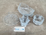 LOT OF 4 PRESSED GLASS SERVING PIECES AND CANDLE HOLDERS