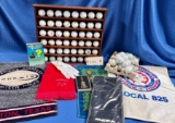 LOT OF GOLD ITEMS - TOWELS, BALLS, GLOVES, SHELF