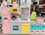 CHILD'S KID KRAFT PLAY KITCHEN FULL OF TOY FOOD, APPLIANCES, LAMP AND STORAGE BOXES