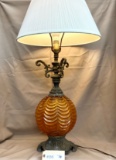 VINTAGE AMBER GLASS AND BRONZE LAMP