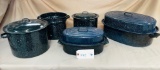 LOT OF ENAMEL SPECKLED STOCK POTS AND ROASTING PANS
