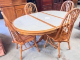TILE TOP OAK PEDESTAL TABLE WITH 4 CHAIRS AND LEAF