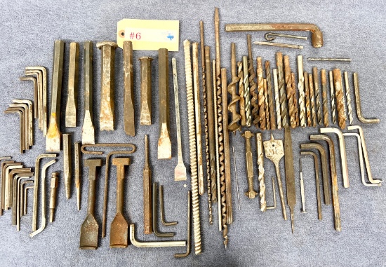 LOT OF CHISELS, ALLEN WRENCHES, DRILL BITS, ETC.