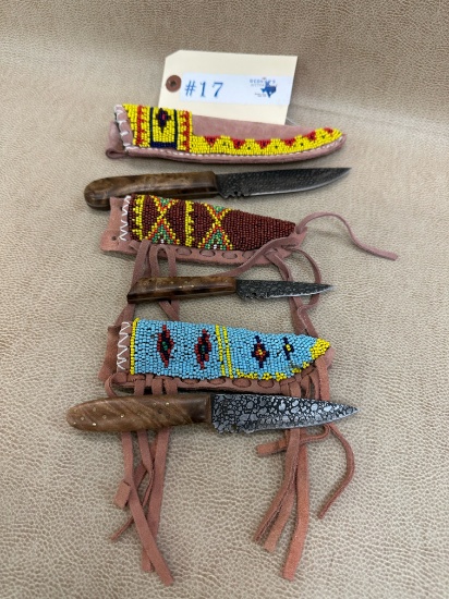 3PC CUSTOM KNIVES WITH BEADED LEATHER SHEATHS