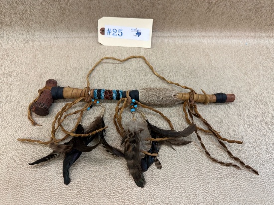 NATIVE AMERICAN PIPE WITH FEATHERS, LEATHER, BEADS AND FUR