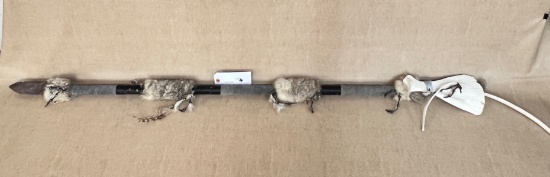 NATIVE AMERICAN APACHE SPEAR WITH RABBIT FUR, ANIMAL BONE AND LEATHER