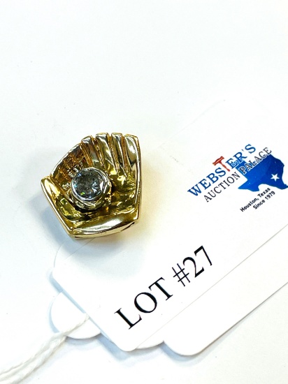 YELLOW GOLD BASEBALL MITT PENDANT WITH DIAMOND SOLITAIRE