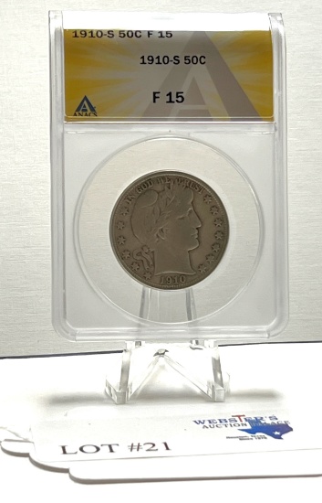 1910-S ANACS F-15 SILVER HALF DOLLAR