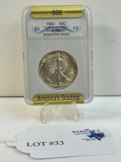 1943 SGS MS-67 SILVER WALKING LIBERTY HALF DOLLAR