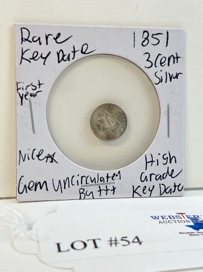 1851 SILVER 3 CENT RARE FIRST YEAR KEY DATE GEM BU+