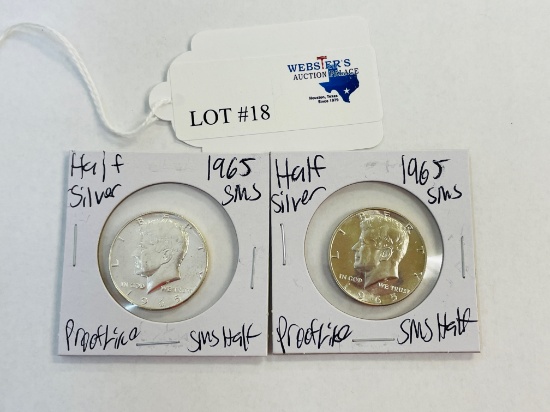 2PC 1965 SMS KENNEDY SILVER HALF DOLLAR PROOF LIKE