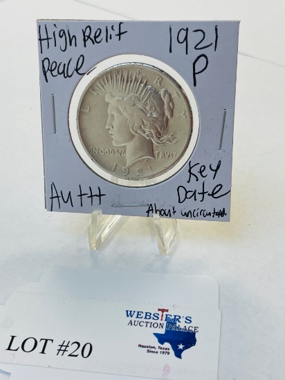 1921-P KEY DATE HIGH RELIEF PEACE SILVER DOLLAR AU++