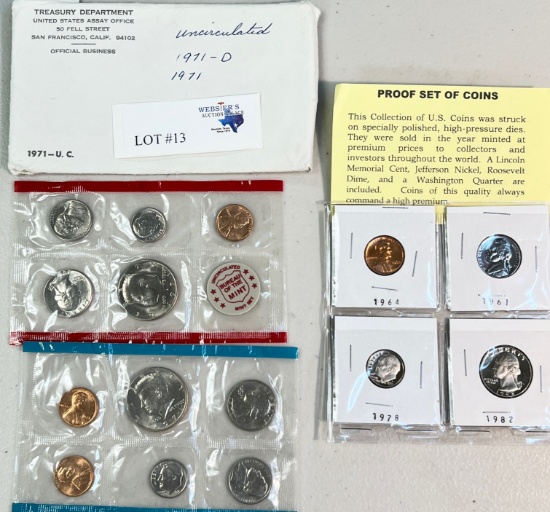 1971 MINT SET AND 4PC SET OF PROOF COINS