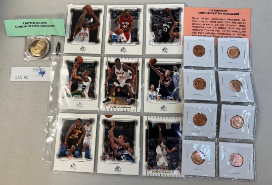 LOT OF BASKETBALL CARS, FDR 100TH ANNIVERSARY MEDALLION, 8PC US TREASURY COMMEMORATIVE MEDALLIONS