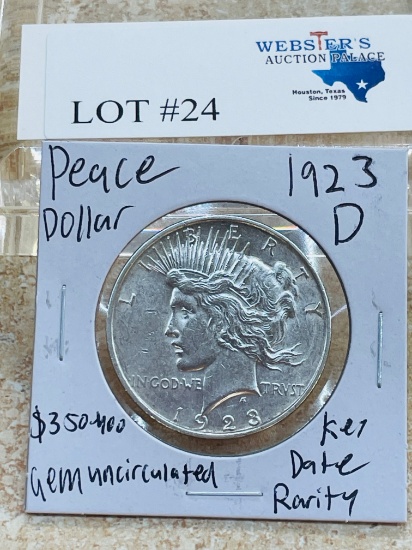 1923-D PEACE SILVER DOLLAR KEY DATE GEM UNC.