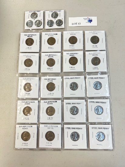 LOT OF OLD JEFFERSON NICKELS AND STEEL WAR PENNIES