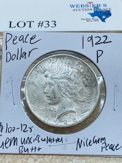 1922-P PEACE SILVER DOLLAR GEM UNC BU++