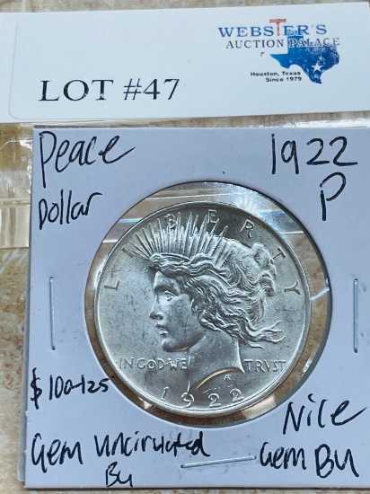 1922-P PEACE SILVER DOLLAR GEM BU UNC