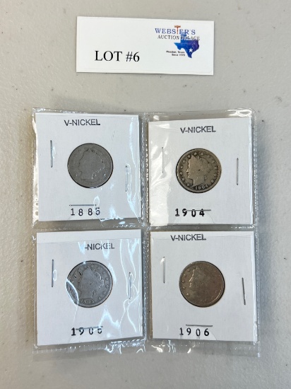 4PC V-NICKELS 1885, 1904-1906