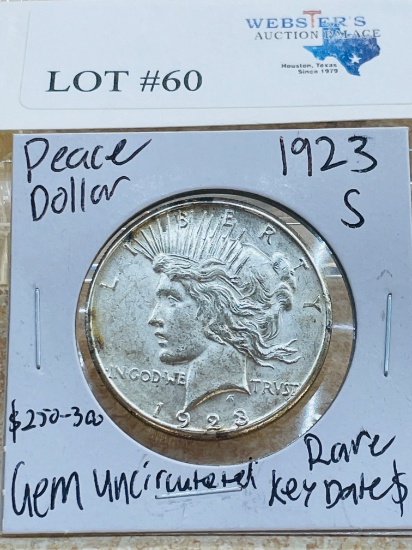 1923-S PEACE SILVER DOLLAR RARE KEY DATE GEM UNC