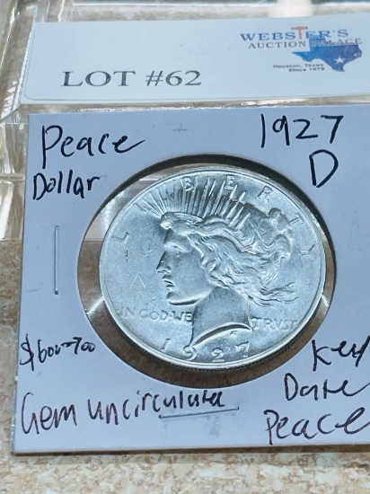 1927-D PEACE SILVER DOLLAR KEY DATE GEM UNC