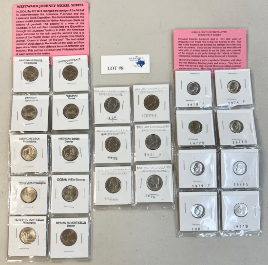 LOT OF WESTAWARD JOURNEY NICKELS, BU JEFFERSON NICKELS AND BU ROOSEVELT DIMES