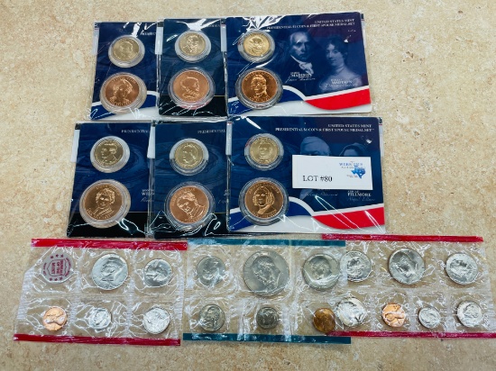 LARGE LOT OF COINS - 1972, 1977, 1981 MINT SETS, 6 - PRESIDENTIAL $1 COINS AND FIRST SPOUSE MEDAL SE