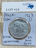 1923-D PEACE SILVER DOLLAR KEY DATE GEM UNC.