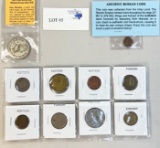 LOT OF OLD MEXICAN SILVER DOLLAR, ANCIENT ROMAN COIN AND FOREIGN COINS