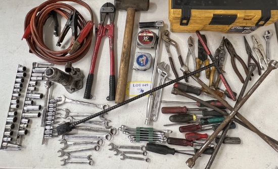 TOOL BOX, JUMPER CABLES, SOCKET SET, WRENCHES, PLYER, SLEDGE HAMMER