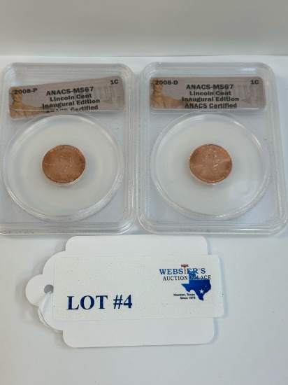 (2) 2008 LINCOLN 1¢ INAUGURAL EDITION - ANACS CERTIFIED