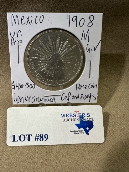 1908-M MEXICO SILVER UN PESO - CAP AND RAYS