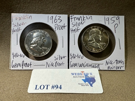 2PC 1959 AND 1963 FRANKLIN SILVER HALF DOLLARS