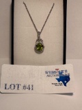 14K WHITE GOLD CHAIN W/ 14KT WHITE GOLD PERIDOT & DIAMOND HALO PENDANT