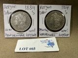 2PC 1884-S MORGAN SILVER DOLLARS