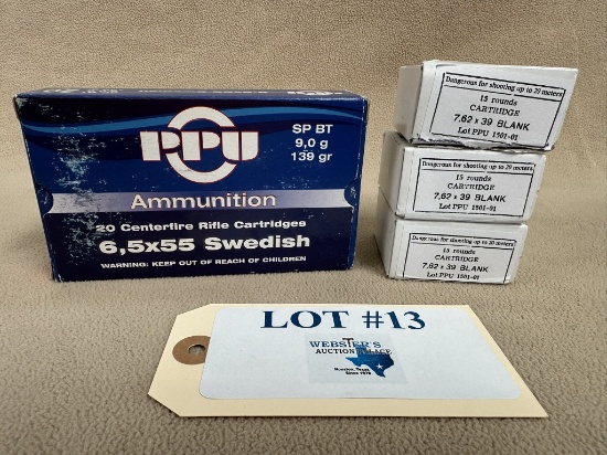 PPU 6.5x55 SWEDISH AMMO & 7.62x39 BLANK CARTRIDGES