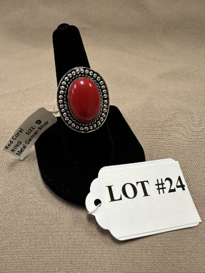RED CORAL & GERMAN SILVER RING