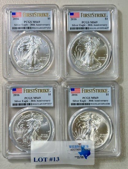 (4) 30TH ANNIVERSARY PCGS GRADED 2016 AMERICAN SILVER EAGLE COINS