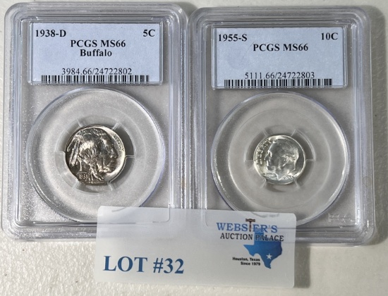 (2) PCGS GRADED COINS 1938-D BUFFALO NICKEL & 1955-S DIME
