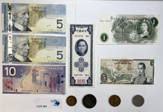 LARGE LOT OF FOREIGN COINS & CURRENCY