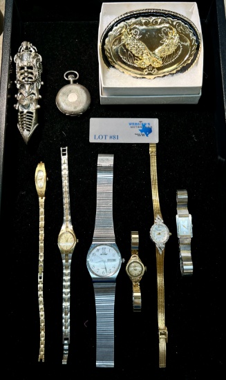 LARGE LOT OF VINTAGE WATCHES, BELT BUCKLE, POCKET WATCH, LARGE RING