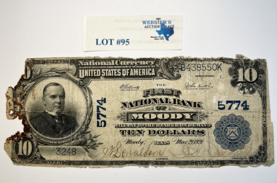 1902 $10 NATIONAL BANK NOTE ISSUED BY FIRST NATIONAL BANK OF MOODY, TEXAS
