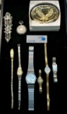 LARGE LOT OF VINTAGE WATCHES, BELT BUCKLE, POCKET WATCH, LARGE RING